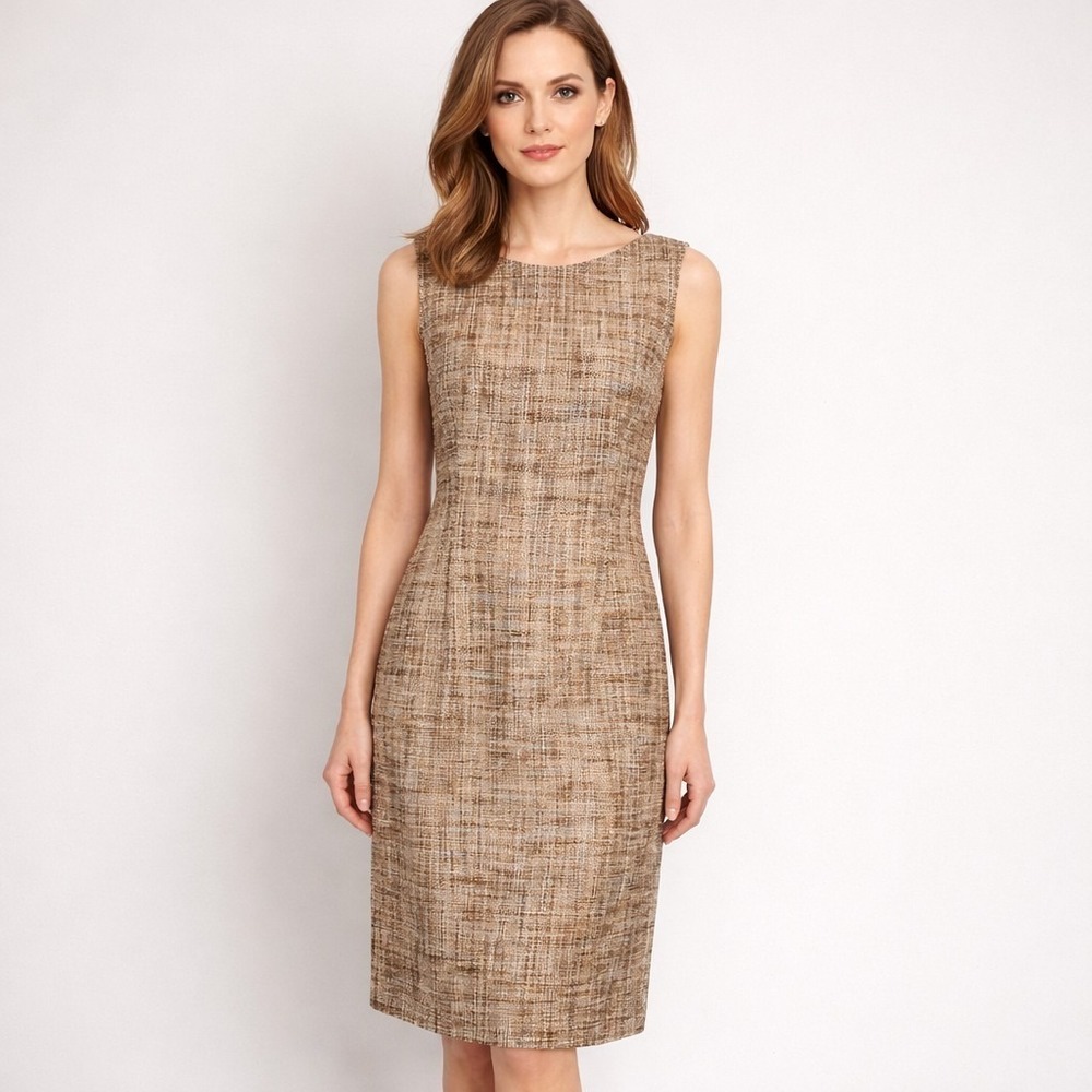 Vintage TALBOTS Size 10 Beige Textured Tweed Sleeveless Career Sheath Dress